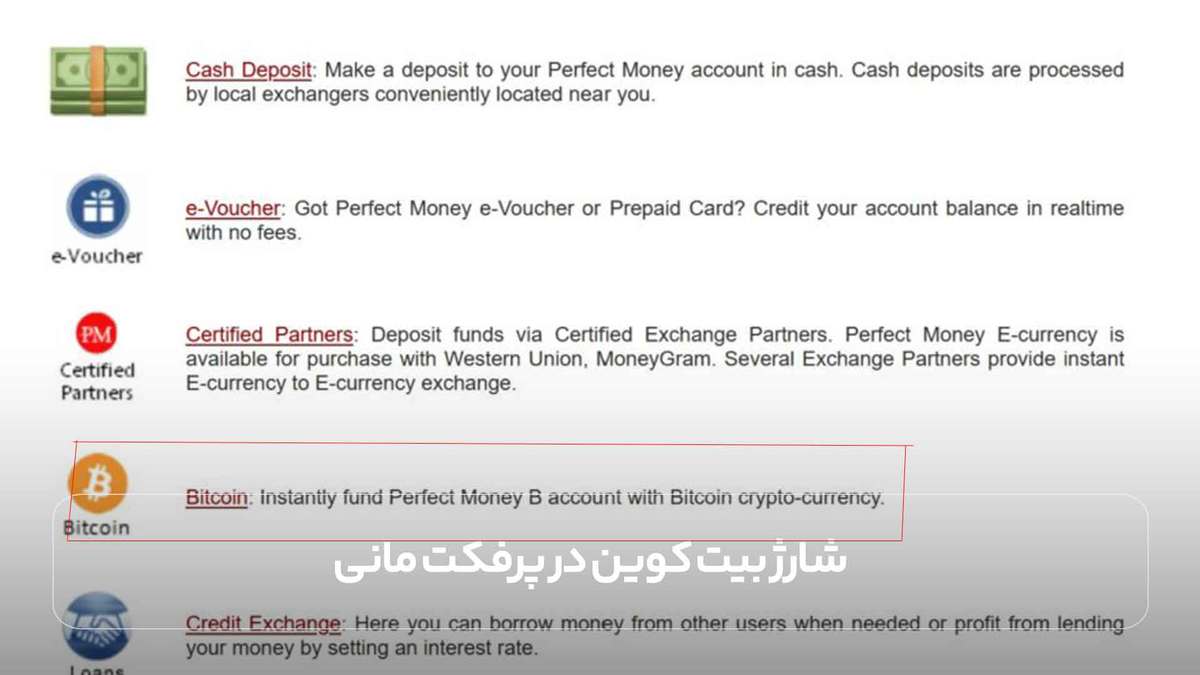 محیط بخش شارژ بیت کوین در پرفکت مانی