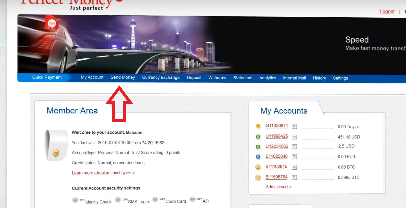 برای استفاده از این روش ابتدا باید وارد حساب کاربری خود شوید و از منوی بالا سمت راست گزینه send money را انتخاب نمایید. این گزینه مخصوص انتقال وجه و پرداخت بین حساب‌های پرفکت‌مانی است.