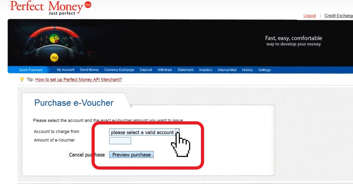برای استفاده از این کد باید از قسمت Deposite گزینه e-Voucher را انتخاب کرده و پس از وارد کردن اطلاعات لازم، حساب شما شارژ خواهد شد