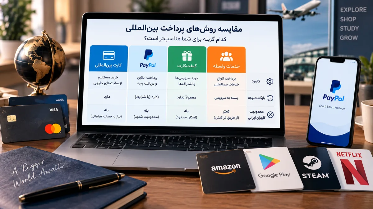 مقایسه کارت بین‌المللی، PayPal، گیفت‌کارت و خدمات واسطه